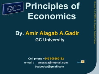 Principles of   Economics  By.  Amir Alagab A.Gadir  GC University By Amir A.A.GADIR . Int. Capacity  Building Trainer  Cell phone + 249 908580182 e-mail  :  [email_address] bsacooba@gmail.com  Next 