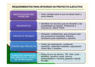 REQUERIMIENTOS PARA INTEGRAR UN PROYECTO EJECUTIVO


 IDENTIFICACIÓN DEL     • Tener claridad sobre lo que se desea hacer y
     PROBLEMA             como hacerlo.


                        • Identificar los recursos que se necesitan y las
    DIAGNÓSTICO           posibilidades de lograrlo. Pertinencia e
                          importancia. Matriz FODA.


                        • Ubicación, instalaciones, que procesos usar,
 PROYECTO TÉCNICO         que personal es necesario. Insumos
                          necesarios para implantarlo y operarlo.

                        • Costos de implantación, sustitución,
COSTEO DEL PROYECTO       operación, capacidad instalada, capacitación,
                          costos fijos y variables.

                        • Flujos futuros de efectivo, TIR, VAN, costo –
VIABILIDAD FINANCIERA
                          beneficio, beneficio social, ahorros
DEL PROYECTO - COSTO
                          presupuestales o líquidos, garantía o fuente
   DE OPORTUNIDAD
                          de pago.
 