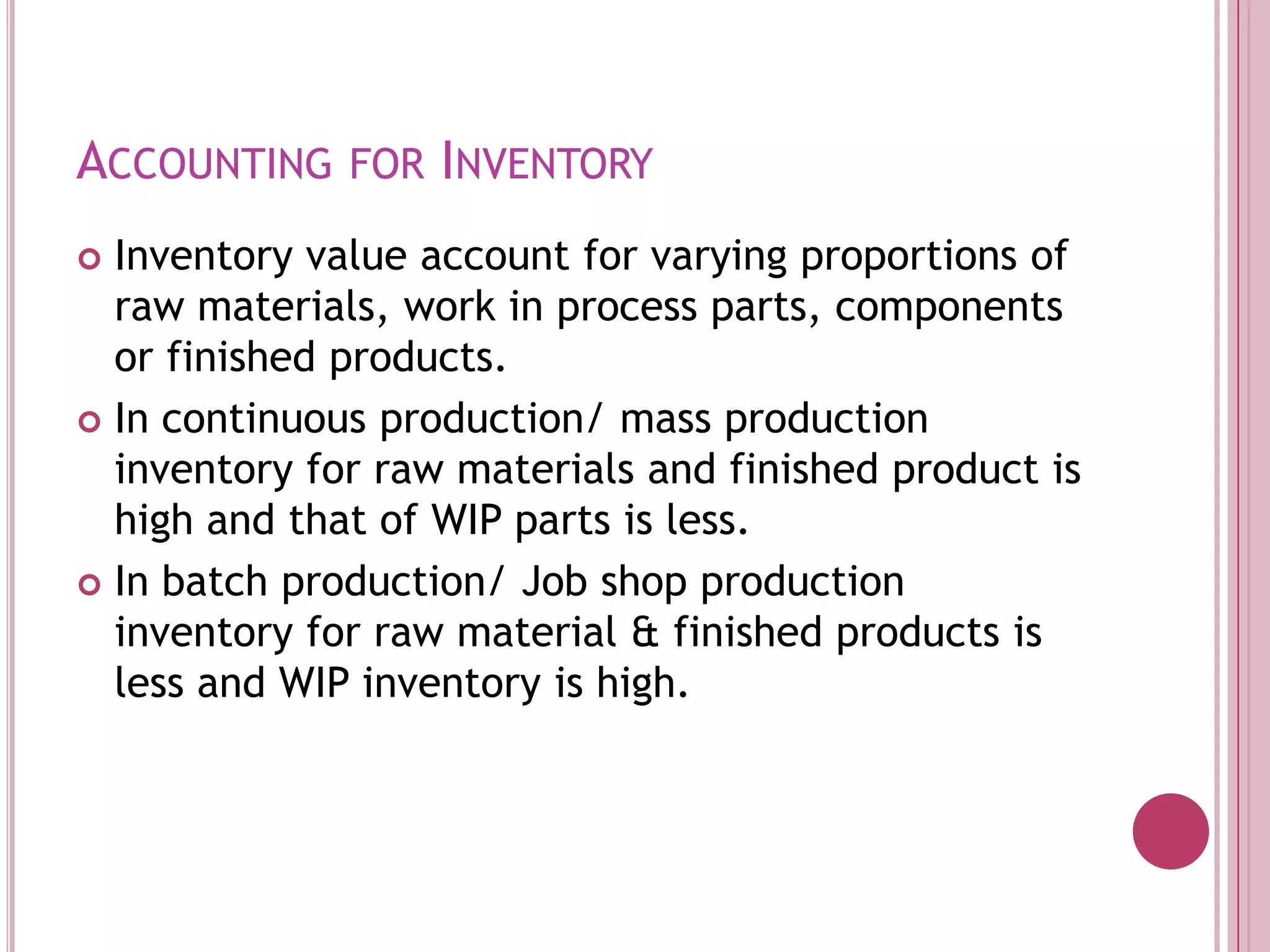Accounting for Inventory Inventory value account for varying proportions of raw materials, work in process parts, components or finished products. In continuous production/ mass production inventory for raw materials and finished product is high and that of WIP parts is less. In batch production/ Job shop production inventory for raw material & finished products is less and WIP inventory is high.