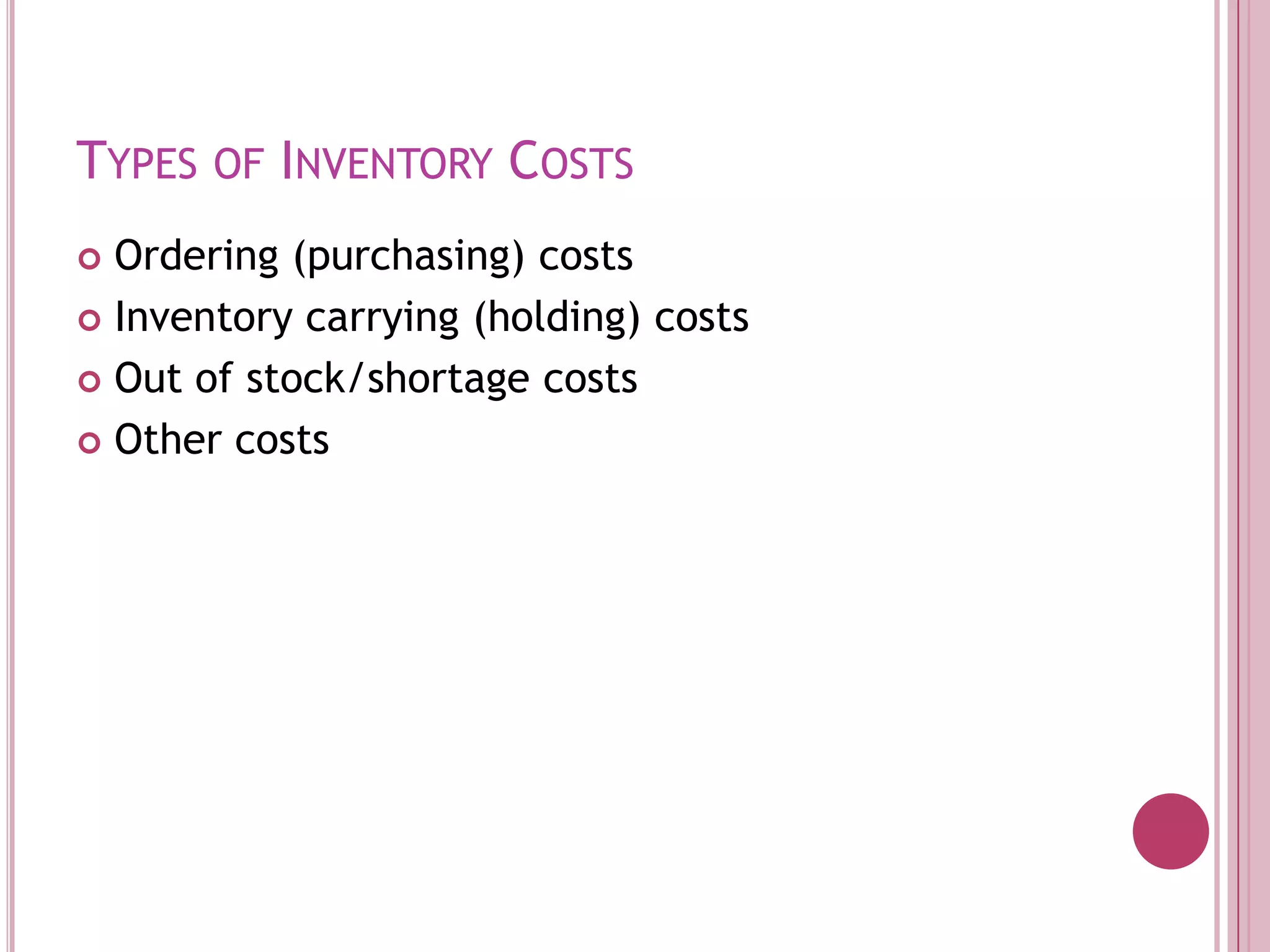 Types of Inventory CostsOrdering (purchasing) costsInventory carrying (holding) costsOut of stock/shortage costsOther costs