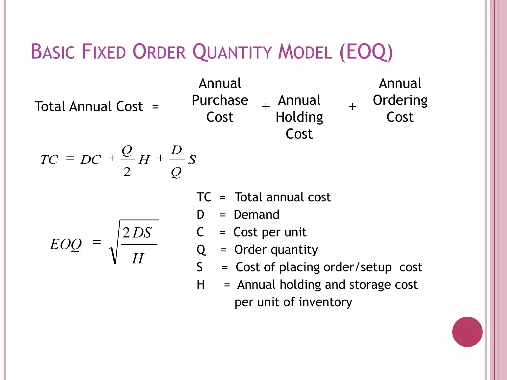 AnnualPurchaseCostAnnualOrderingCostTotal Annual Cost  =++TC  =	Total annual costD    =  DemandC    =  Cost per unitQ    =  Order quantityS     =  Cost of placing order/setup 	costH     =  Annual holding and storage cost 	per unit of inventory Basic Fixed Order Quantity Model (EOQ)AnnualHoldingCost