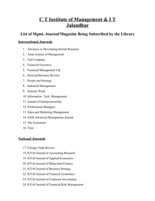 C T Institute of Management & I T
                            Jalandhar
 List of Mgmt. Journal/Magazine Being Subscribed by the Library
International Journals

  1. Advances in Developing Human Resource
  2. Asian Journal of Management
  3. Fast Company
  4. Financial Executive
  5. Financial Management UK
  6. Harward Business Review
  7. People and Strategy
  8. Industrial Management
  9. Industry Week
  10. Information Tech. Management
  11. Journal of Entrepreneurship
  12. Professional Managers
  13. Sales and Marketing Management
  14. SAM Advanced Management Journal
  15. The Economist
  16. Time


National Journals

  17. Foreign Trade Review
  18. ICFAI Journal of Accounting Research
  19. ICFAI Journal of Applied Economics
  20. ICFAI Journal of Behavioral Finance
  21. ICFAI Journal of Business Strategy
  22. ICFAI Journal of Financial Economics
  23. ICFAI Journal of Corporate Governance
  24. ICFAI Journal of Financial Risk Management
 