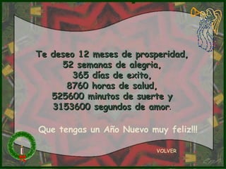 Te deseo 12 meses de prosperidad, 52 semanas de alegria, 365 días de exito, 8760 horas de salud, 525600 minutos de suerte y 3153600 segundos de amor . VOLVER Que tengas un Año Nuevo muy feliz!!! 