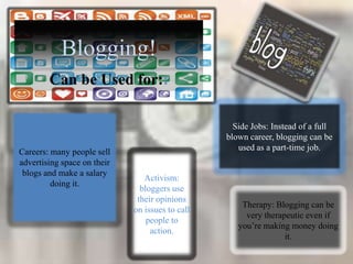 Blogging! Can be Used for:: Side Jobs: Instead of a full blown career, blogging can be used as a part-time job. Careers: many people sell advertising space on their blogs and make a salary doing it. Activism: bloggers use their opinions on issues to call people to action. Therapy: Blogging can be very therapeutic even if you’re making money doing it. 