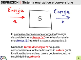 DEFINIZIONI  |  Sistema energetico e conversione In  processo di conversione energetica  l’energia disponibile in una  forma “a”  viene trasformata in una  forma “b”  tramite il  sistema energetico S . Quando la  forma di energia “a”  è quella corrispondente a fonti che troviamo in  natura  (fonti fossili, radiazione solare, calore geotermico, etc.) si è soliti definirla  primaria 