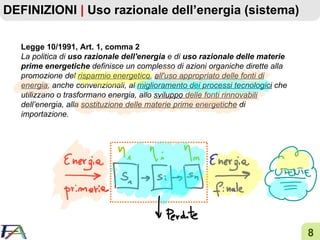 DEFINIZIONI  |  Uso razionale dell’energia (sistema) Legge 10/1991, Art. 1, comma 2 La politica di  uso razionale dell'energia  e di  uso razionale delle materie prime energetiche  definisce un complesso di azioni organiche dirette alla promozione del  risparmio energetico ,  all'uso appropriato delle fonti di energia , anche convenzionali, al  miglioramento dei processi tecnologici  che utilizzano o trasformano energia, allo  sviluppo delle fonti rinnovabili  dell’energia, alla  sostituzione delle materie prime energetiche  di importazione. 