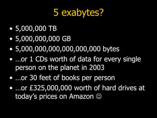 5 exabytes? 5,000,000 TB 5,000,000,000 GB 5,000,000,000,000,000,000 bytes …or 1 CDs worth of data for every single person on the planet in 2003 …or 30 feet of books per person …or £325,000,000 worth of hard drives at today’s prices on Amazon   