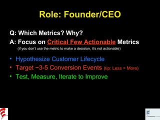 Role: Founder/CEO Q: Which Metrics? Why? A: Focus on  Critical Few Actionable  Metrics (if you don’t use the metric to make a decision, it’s not actionable) Hypothesize Customer Lifecycle Target ~3-5 Conversion Events  (tip: Less = More) Test, Measure, Iterate to Improve 