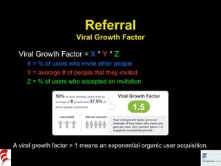 Referral Viral Growth Factor Viral Growth Factor =  X  *  Y  *  Z X = % of users who invite other people Y = average # of people that they invited Z = % of users who accepted an invitation A viral growth factor > 1 means an exponential organic user acquisition. 