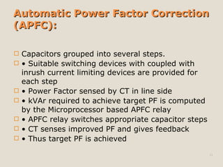 Automatic Power Factor Correction (APFC): <ul><li>Capacitors grouped into several steps. </li></ul><ul><li>•  Suitable swi...