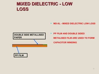 MIXED DIELECTRIC - LOW LOSS MD-XL - MIXED DIELECTRIC LOW LOSS PP FILM AND DOUBLE SIDED  METALISED FILM ARE USED TO FORM CAPACITOR WINDING  PP FILM DOUBLE SIDE METALLISED PAPER 