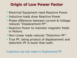 Origin of Low Power Factor Electrical Equipment need Reactive Power Inductive loads draw Reactive Power Phase difference between current & Voltage reduces “Displacement PF”. Reactive Power to maintain magnetic fields in Motors. Non-Linear loads reduces “Distortion PF”. True PF, being product of displacement and distortion PF is lower than both.  Capacitors can only improve displacement PF. 