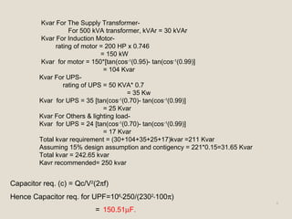<ul><ul><ul><li>Kvar For The Supply Transformer- </li></ul></ul></ul><ul><ul><ul><li>For 500 kVA transformer, kVAr = 30 kV...