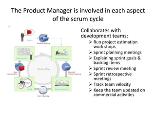 The Product Manager is involved in each aspect of the scrum cycle<br />Collaborates with development teams:<br /><ul><li>R...
