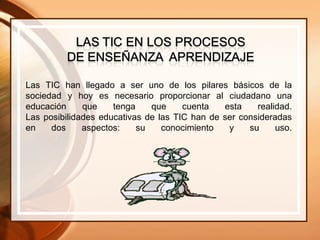 Las TIC han llegado a ser uno de los pilares básicos de la sociedad y hoy es necesario proporcionar al ciudadano una educación que tenga que cuenta esta realidad. Las posibilidades educativas de las TIC han de ser consideradas en dos aspectos: su conocimiento y su uso. 