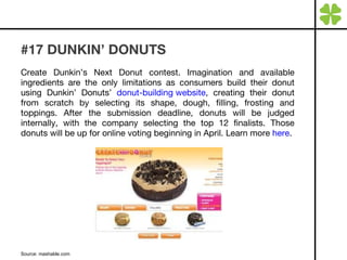 #17 DUNKIN’ DONUTS Create Dunkin’s Next Donut contest. Imagination and available ingredients are the only limitations as consumers build their donut using Dunkin’ Donuts’  donut-building website , creating their donut from scratch by selecting its shape, dough, filling, frosting and toppings. After the submission deadline, donuts will be judged internally, with the company selecting the top 12 finalists. Those donuts will be up for online voting beginning in April. Learn more  here . Source: mashable.com 