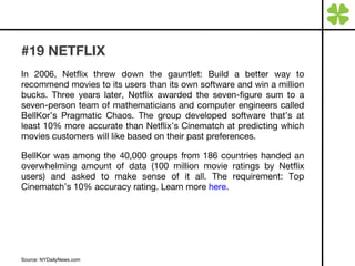 #19 NETFLIX In 2006, Netflix threw down the gauntlet: Build a better way to recommend movies to its users than its own software and win a million bucks. Three years later, Netflix awarded the seven-figure sum to a seven-person team of mathematicians and computer engineers called BellKor’s Pragmatic Chaos. The group developed software that’s at least 10% more accurate than Netflix’s Cinematch at predicting which movies customers will like based on their past preferences. BellKor was among the 40,000 groups from 186 countries handed an overwhelming amount of data (100 million movie ratings by Netflix users) and asked to make sense of it all. The requirement: Top Cinematch’s 10% accuracy rating. Learn more  here . Source: NYDailyNews.com 