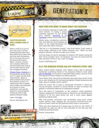 NEW FORD EXPLORER TO MAKE DEBUT ON FACEBOOK




CARE FOR SICK KIDS
WHILE PARENTS ARE AT
WORK




                       ELLY THE REINDEER OFFERS AGE APP-PROPIATE STORY TIME
 