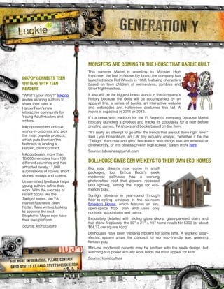MONSTERS ARE COMING TO THE HOUSE THAT BARBIE BUILT

INKPOP CONNECTS TEEN
WRITERS WITH TEEN
READERS




                       DOLLHOUSE GIVES GEN WE KEYS TO THEIR OWN ECO-HOMES
 
