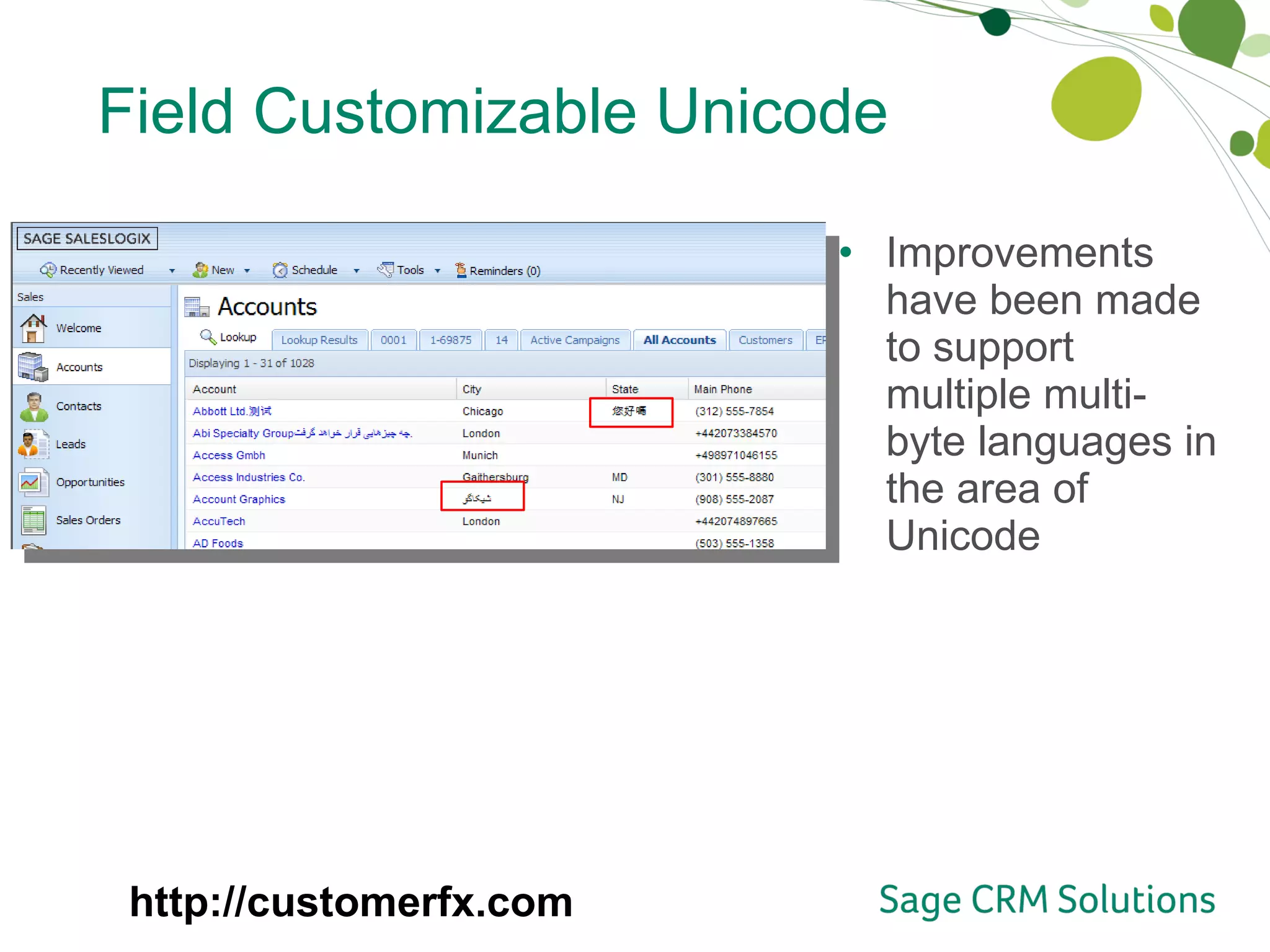 Field Customizable Unicode Improvements have been made to support multiple multi-byte languages in the area of Unicode http://customerfx.com 