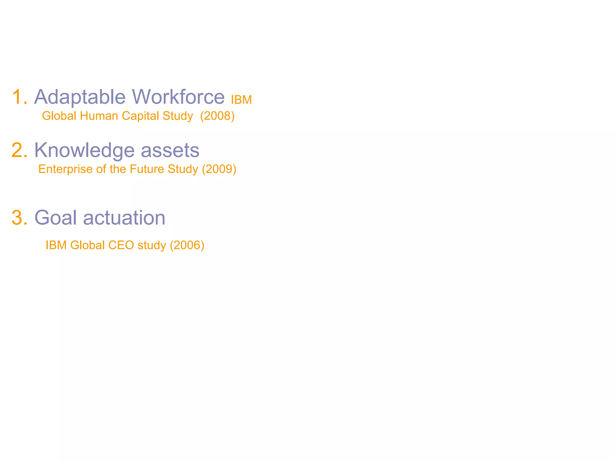 1.  Adaptable Workforce  IBM Global Human Capital Study  (2008) 2.  Knowledge assets Enterprise of the Future Study (2009) 3.  Goal actuation IBM Global CEO study (2006) 