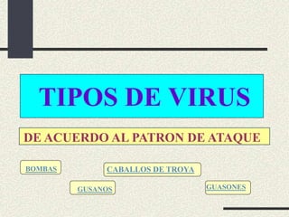 TIPOS DE VIRUS
DE ACUERDO AL PATRON DE ATAQUE

BOMBAS        CABALLOS DE TROYA

         GUSANOS                  GUASONES
 