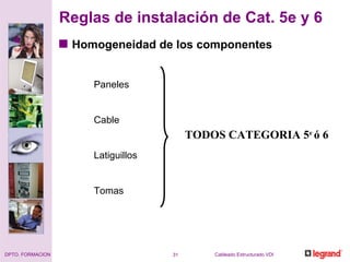 Reglas de instalación de Cat. 5e y 6 Homogeneidad de los componentes Paneles Cable Latiguillos Tomas TODOS CATEGORIA 5 e  ó 6 
