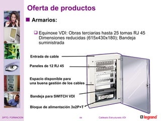 Armarios: Equinoxe VDI: Obras terciarias hasta 25 tomas RJ 45  Dimensiones reducidas (615x430x180); Bandeja suministrada   Oferta de productos Espacio disponible para una buena gestión de los cables Paneles de 12 RJ 45 Bandeja para SWITCH VDI Bloque de alimentación 3x2P+T * Entrada de cable 