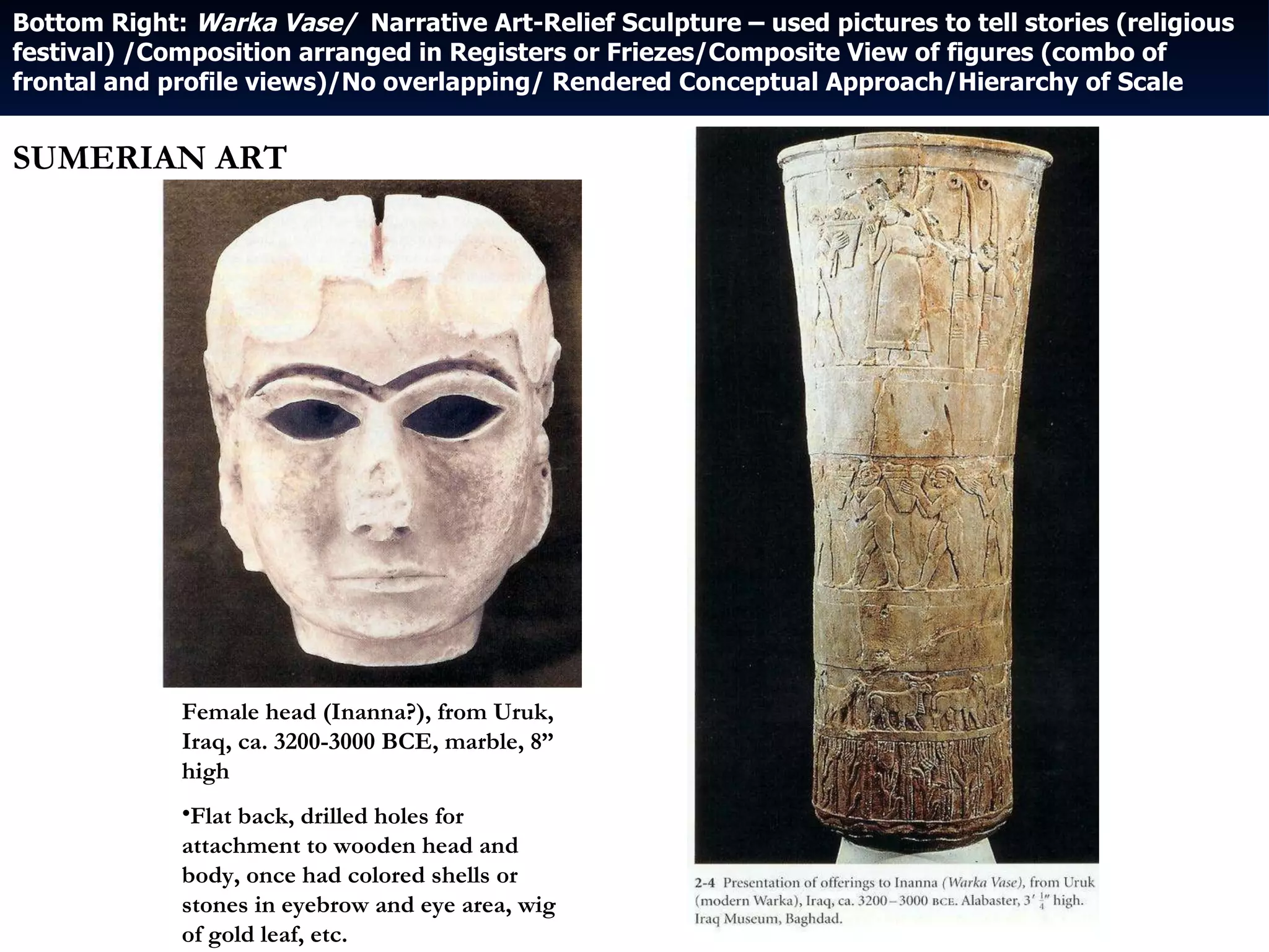 Bottom Right:  Warka Vase/  Narrative Art-Relief Sculpture – used pictures to tell stories (religious festival) /Composition arranged in Registers or Friezes/Composite View of figures (combo of frontal and profile views)/No overlapping/ Rendered Conceptual Approach/Hierarchy of Scale Female head (Inanna?), from Uruk, Iraq, ca. 3200-3000 BCE, marble, 8” high Flat back, drilled holes for attachment to wooden head and body, once had colored shells or stones in eyebrow and eye area, wig of gold leaf, etc. SUMERIAN ART 