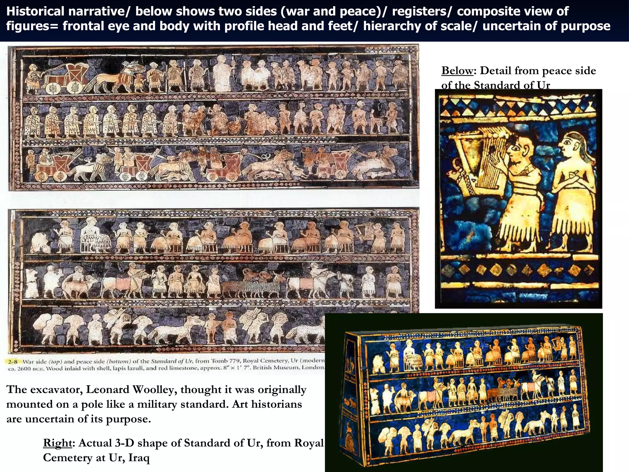 Historical narrative/ below shows two sides (war and peace)/ registers/ composite view of figures= frontal eye and body with profile head and feet/ hierarchy of scale/ uncertain of purpose Right : Actual 3-D shape of Standard of Ur, from Royal Cemetery at Ur, Iraq Below : Detail from peace side of the Standard of Ur The excavator, Leonard Woolley, thought it was originally mounted on a pole like a military standard. Art historians are uncertain of its purpose. 