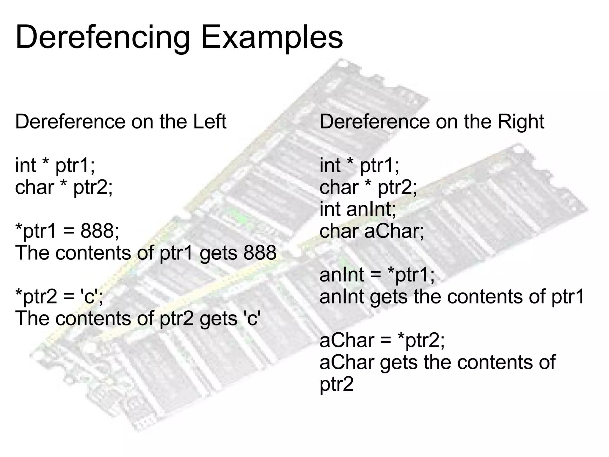 Derefencing Examples Dereference on the Left int * ptr1; char * ptr2; *ptr1 = 888; The contents of ptr1 gets 888 *ptr2 = 'c'; The contents of ptr2 gets 'c' Dereference on the Right int * ptr1; char * ptr2; int anInt; char aChar; anInt = *ptr1; anInt gets the contents of ptr1 aChar = *ptr2; aChar gets the contents of ptr2 
