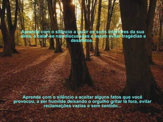 Aprende com o silêncio a ouvir os sons interiores da sua alma, a calar-se nas discussões e assim evitar tragédias e desafetos... Aprende com o silêncio a aceitar alguns fatos que você provocou, a ser humilde deixando o orgulho gritar lá fora, evitar reclamações vazias e sem sentido... 