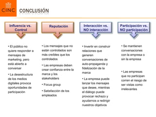 El público no quiere responder a mensajes de marketing, pero está abierto a conversar La desestructura de los medios digitales provoca oportunidades de participación Los mensajes que no están controlados son más creíbles que los controlados Las empresas deben crear confianza entre la marca y los stakeholders Focus group Satisfacción de los empleados Invertir en construir relaciones que generen conversaciones de auto-propaganda y fidelización de la marca La empresa puede lanzar los mensajes que desee, mientras el diálogo puede  provocar rechazo y ayudarnos a redirigir nuestros objetivos Se mantienen conversaciones con la empresa o sin la empresa Las empresas que no participan corren el riesgo de ser vistas como irrelevantes Reputación Influencia vs.  Control Interacción vs. NO interacción Participación vs. NO participación 