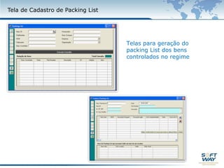 Controle de Nacionalização de BensDiferenciais Repetro SysDiferenciais Repetro SysAderência a IN RFB 682 de  Auditoria de SistemasOpção de Acesso com autenticação de certificado digital, com aderência as novas exigências da RFB em outros regimes especiais.Relatórios de geração de Seqüenciais, Sequenciais por documento fiscal e controle de acesso e operações por usuário, seguindo tendência da RFB em outros regimes especiais.Total controle físico dos equipamentos e inventários, vinculados a documentação.Gerador dinâmico de relatórios, com opção de geração de planilhas Excel e Cubos para análise de valores.Relatórios WEB com opção de exportação em CSV e Excel.Sistemas de envio e recebimento de mensagens com a RFB.Mecanismo de envio de mensagens de alerta  vinculados a eventos no sistema.