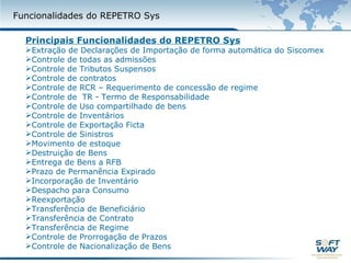 Funcionalidades do Repetro SysPrincipais Funcionalidades do RepetroSysExtração de Declarações de Importação de forma automática do Siscomex