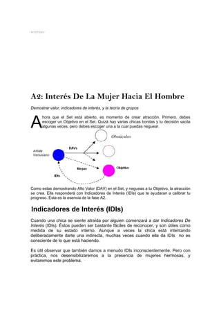 MYSTERY




A2: Interés De La Mujer Hacia El Hombre
Demostrar valor, indicadores de interés, y la teoría de grupos



A
      hora que el Set está abierto, es momento de crear atracción. Primero, debes
      escoger un Objetivo en el Set. Quizá hay varias chicas bonitas y tu decisión vacila
      algunas veces, pero debes escoger una a la cual puedas neguear.

                                              Obstáculos




Como estas demostrando Alto Valor (DAV) en el Set, y negueas a tu Objetivo, la atracción
se crea. Ella responderá con Indicadores de Interés (IDIs) que te ayudaran a calibrar tu
progreso. Esta es la esencia de la fase A2.


Indicadores de Interés (IDIs)
Cuando una chica se siente atraída por alguien comenzará a dar Indicadores De
Interés (IDIs). Éstos pueden ser bastante fáciles de reconocer, y son útiles como
medida de su estado interno. Aunque a veces la chica está intentando
deliberadamente darte una indirecta, muchas veces cuando ella da IDIs no es
consciente de lo que está haciendo.

Es útil observar que también damos a menudo IDIs inconscientemente. Pero con
práctica, nos desensibilizaremos a la presencia de mujeres hermosas, y
evitaremos este problema.
 