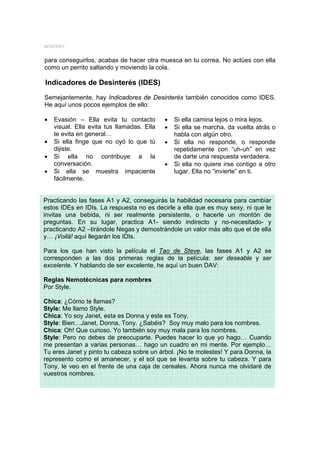 MYSTERY


para conseguirlos, acabas de hacer otra muesca en tu correa. No actúes con ella
como un perrito saltando y moviendo la cola.

Indicadores de Desinterés (IDES)
Semejantemente, hay Indicadores de Desinterés también conocidos como IDES.
He aquí unos pocos ejemplos de ello:

•   Evasión – Ella evita tu contacto        •   Si ella camina lejos o mira lejos.
    visual. Ella evita tus llamadas. Ella   •   Si ella se marcha, da vuelta atrás o
    te evita en general…                        habla con algún otro.
•   Si ella finge que no oyó lo que tú      •   Si ella no responde, o responde
    dijiste.                                    repetidamente con “uh-uh” en vez
•   Si ella no contribuye a la                  de darte una respuesta verdadera.
    conversación.                           •   Si ella no quiere irse contigo a otro
•   Si ella se muestra impaciente               lugar. Ella no “invierte” en ti.
    fácilmente.


Practicando las fases A1 y A2, conseguirás la habilidad necesaria para cambiar
estos IDEs en IDIs. La respuesta no es decirle a ella que es muy sexy, ni que le
invitas una bebida, ni ser realmente persistente, o hacerle un montón de
preguntas. En su lugar, practica A1- siendo indirecto y no-necesitado- y
practicando A2 –tirándole Negas y demostrándole un valor más alto que el de ella
y… ¡Voilá! aquí llegarán los IDIs.

Para los que han visto la película el Tao de Steve, las fases A1 y A2 se
corresponden a las dos primeras reglas de la película: ser deseable y ser
excelente. Y hablando de ser excelente, he aquí un buen DAV:

Reglas Nemotécnicas para nombres
Por Style.

Chica: ¿Cómo te llamas?
Style: Me llamo Style.
Chica: Yo soy Janet, esta es Donna y este es Tony.
Style: Bien…Janet, Donna, Tony. ¿Sabéis? Soy muy malo para los nombres.
Chica: Oh! Que curioso. Yo también soy muy mala para los nombres.
Style: Pero no debes de preocuparte. Puedes hacer lo que yo hago… Cuando
me presentan a varias personas… hago un cuadro en mi mente. Por ejemplo…
Tu eres Janet y pinto tu cabeza sobre un árbol. ¡No te molestes! Y para Donna, la
represento como el amanecer, y el sol que se levanta sobre tu cabeza. Y para
Tony, le veo en el frente de una caja de cereales. Ahora nunca me olvidaré de
vuestros nombres.
 