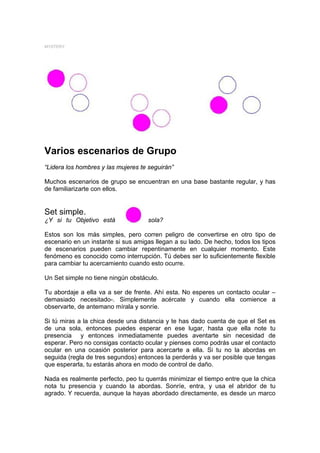 MYSTERY




Varios escenarios de Grupo
“Lidera los hombres y las mujeres te seguirán”

Muchos escenarios de grupo se encuentran en una base bastante regular, y has
de familiarizarte con ellos.


Set simple.
¿Y si tu Objetivo está              sola?

Estos son los más simples, pero corren peligro de convertirse en otro tipo de
escenario en un instante si sus amigas llegan a su lado. De hecho, todos los tipos
de escenarios pueden cambiar repentinamente en cualquier momento. Este
fenómeno es conocido como interrupción. Tú debes ser lo suficientemente flexible
para cambiar tu acercamiento cuando esto ocurre.

Un Set simple no tiene ningún obstáculo.

Tu abordaje a ella va a ser de frente. Ahí esta. No esperes un contacto ocular –
demasiado necesitado-. Simplemente acércate y cuando ella comience a
observarte, de antemano mírala y sonríe.

Si tú miras a la chica desde una distancia y te has dado cuenta de que el Set es
de una sola, entonces puedes esperar en ese lugar, hasta que ella note tu
presencia y entonces inmediatamente puedes aventarte sin necesidad de
esperar. Pero no consigas contacto ocular y pienses como podrás usar el contacto
ocular en una ocasión posterior para acercarte a ella. Si tu no la abordas en
seguida (regla de tres segundos) entonces la perderás y va ser posible que tengas
que esperarla, tu estarás ahora en modo de control de daño.

Nada es realmente perfecto, peo tu querrás minimizar el tiempo entre que la chica
nota tu presencia y cuando la abordas. Sonríe, entra, y usa el abridor de tu
agrado. Y recuerda, aunque la hayas abordado directamente, es desde un marco
 