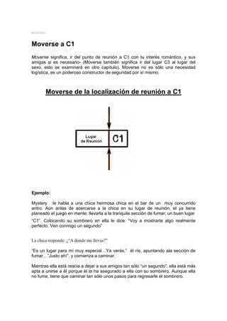 MYSTERY



Moverse a C1
Moverse significa, ir del punto de reunión a C1 con tu interés romántico, y sus
amigas si es necesario- (Moverse también significa ir del lugar C3 al lugar del
sexo, esto se examinará en otro capítulo). Moverse no es sólo una necesidad
logística, es un poderoso constructor de seguridad por sí mismo.



       Moverse de la localización de reunión a C1




Ejemplo:

Mystery le habla a una chica hermosa chica en el bar de un muy concurrido
antro. Aún antes de acercarse a la chica en su lugar de reunión, el ya tiene
planeado el juego en mente: llevarla a la tranquila sección de fumar; un buen lugar
“C1”. Colocando su sombrero en ella le dice: “Voy a mostrarte algo realmente
perfecto. Ven conmigo un segundo”


La chica responde: ¿“A donde me llevas?”

“Es un lugar para mí muy especial…Ya verás,” él ríe, apuntando ala sección de
fumar…”Justo ahí”, y comienza a caminar.

Mientras ella está reacia a dejar a sus amigos tan sólo “un segundo”, ella está más
apta a unirse a él porque él la ha asegurado a ella con su sombrero. Aunque ella
no fume, tiene que caminar tan sólo unos pasos para regresarle el sombrero.
 