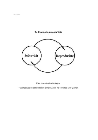 MYSTERY




                        Tu Propósito en esta Vida




                          Eres una máquina biológica.

     Tus objetivos en esta vida son simples, pero no sencillos: vivir y amar.
 