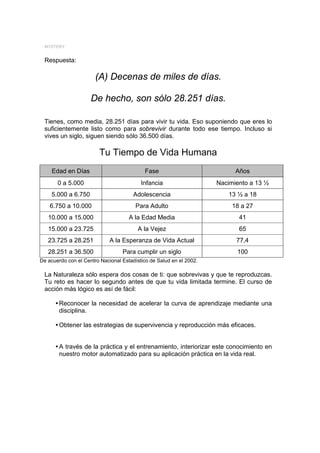 MYSTERY


 Respuesta:

                       (A) Decenas de miles de días.

                     De hecho, son sólo 28.251 días.

 Tienes, como media, 28.251 días para vivir tu vida. Eso suponiendo que eres lo
 suficientemente listo como para sobrevivir durante todo ese tiempo. Incluso si
 vives un siglo, siguen siendo sólo 36.500 días.

                        Tu Tiempo de Vida Humana
     Edad en Días                          Fase                            Años
       0 a 5.000                          Infancia                   Nacimiento a 13 ½
    5.000 a 6.750                      Adolescencia                     13 ½ a 18
    6.750 a 10.000                      Para Adulto                       18 a 27
   10.000 a 15.000                   A la Edad Media                        41
   15.000 a 23.725                       A la Vejez                         65
   23.725 a 28.251           A la Esperanza de Vida Actual                 77,4
   28.251 a 36.500                Para cumplir un siglo                    100
De acuerdo con el Centro Nacional Estadístico de Salud en el 2002.

 La Naturaleza sólo espera dos cosas de ti: que sobrevivas y que te reproduzcas.
 Tu reto es hacer lo segundo antes de que tu vida limitada termine. El curso de
 acción más lógico es así de fácil:

      y Reconocer la necesidad de acelerar la curva de aprendizaje mediante una
        disciplina.

      y Obtener las estrategias de supervivencia y reproducción más eficaces.


      y A través de la práctica y el entrenamiento, interiorizar este conocimiento en
        nuestro motor automatizado para su aplicación práctica en la vida real.
 