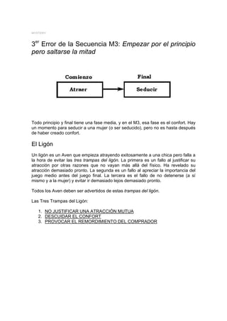 MYSTERY



3er Error de la Secuencia M3: Empezar por el principio
pero saltarse la mitad




Todo principio y final tiene una fase media, y en el M3, esa fase es el confort. Hay
un momento para seducir a una mujer (o ser seducido), pero no es hasta después
de haber creado confort.

El Ligón
Un ligón es un Aven que empieza atrayendo exitosamente a una chica pero falla a
la hora de evitar las tres trampas del ligón. La primera es un fallo al justificar su
atracción por otras razones que no vayan más allá del físico. Ha revelado su
atracción demasiado pronto. La segunda es un fallo al apreciar la importancia del
juego medio antes del juego final. La tercera es el fallo de no detenerse (a sí
mismo y a la mujer) y evitar ir demasiado lejos demasiado pronto.

Todos los Aven deben ser advertidos de estas trampas del ligón.

Las Tres Trampas del Ligón:

   1. NO JUSTIFICAR UNA ATRACCIÓN MUTUA
   2. DESCUIDAR EL CONFORT
   3. PROVOCAR EL REMORDIMIENTO DEL COMPRADOR
 