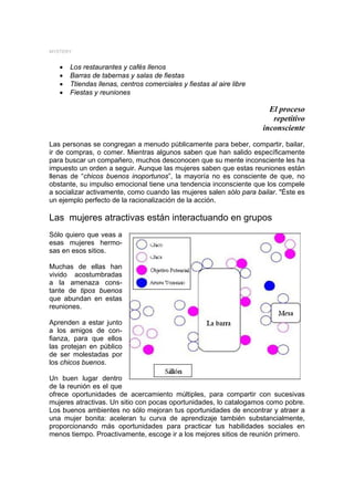 MYSTERY


   •   Los restaurantes y cafés llenos
   •   Barras de tabernas y salas de fiestas
   •   Ttiendas llenas, centros comerciales y fiestas al aire libre
   •   Fiestas y reuniones

                                                                        El proceso
                                                                         repetitivo
                                                                      inconsciente
Las personas se congregan a menudo públicamente para beber, compartir, bailar,
ir de compras, o comer. Mientras algunos saben que han salido específicamente
para buscar un compañero, muchos desconocen que su mente inconsciente les ha
impuesto un orden a seguir. Aunque las mujeres saben que estas reuniones están
llenas de “chicos buenos inoportunos”, la mayoría no es consciente de que, no
obstante, su impulso emocional tiene una tendencia inconsciente que los compele
a socializar activamente, como cuando las mujeres salen sólo para bailar. "Éste es
un ejemplo perfecto de la racionalización de la acción.

Las mujeres atractivas están interactuando en grupos
Sólo quiero que veas a
esas mujeres hermo-
sas en esos sitios.

Muchas de ellas han
vivido acostumbradas
a la amenaza cons-
tante de tipos buenos
que abundan en estas
reuniones.

Aprenden a estar junto
a los amigos de con-
fianza, para que ellos
las protejan en público
de ser molestadas por
los chicos buenos.

Un buen lugar dentro
de la reunión es el que
ofrece oportunidades de acercamiento múltiples, para compartir con sucesivas
mujeres atractivas. Un sitio con pocas oportunidades, lo catalogamos como pobre.
Los buenos ambientes no sólo mejoran tus oportunidades de encontrar y atraer a
una mujer bonita: aceleran tu curva de aprendizaje también substancialmente,
proporcionando más oportunidades para practicar tus habilidades sociales en
menos tiempo. Proactivamente, escoge ir a los mejores sitios de reunión primero.
 