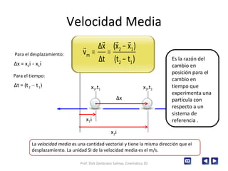 Velocidad Media Para el desplazamiento: x 1 ,t 1 x x 1 i x 2 i Δ x Δ x = x 2 i -  x 1 i x 2 ,t 2 Para el tiempo: Δ t = (t   2  –  t   1 ) Prof: Dick Zambrano Salinas, Cinemática 1D Es la razón del cambio en posición para el cambio en tiempo que experimenta una partícula con respecto a un sistema de referencia   . La  velocidad media  es una cantidad vectorial y tiene la misma dirección que el desplazamiento. La unidad SI de la velocidad media es el m/s. 