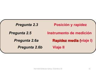 Pregunta 2.3 Posición y rapidez Pregunta   2.5 Instrumento de medición Pregunta 2.6a   Rapidez media ( viaje I) Pregunta 2.6b    Viaje II Prof: Dick Zambrano Salinas, Cinemática 1D 