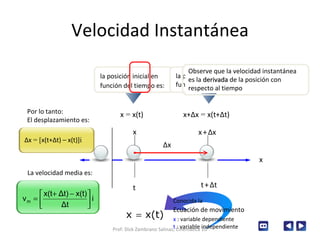 Velocidad Instantánea x x  =  x(t) x+ Δ x  =  x(t+ Δ t) Por lo tanto: El desplazamiento es: La velocidad media es: Conocida la  Ecuación de movimiento x  : variable dependiente t  : variable independiente Prof: Dick Zambrano Salinas, Cinemática 1D x t x   +   Δ x   t   +   Δ t   la posición inicial en función del tiempo es:   la posición final en función del tiempo es: Δ x  = [ x(t+ Δ t) – x(t)] i Si hacemos que   t sea sumamente pequeño a la velocidad obtenida la llamamos velocidad instantánea  Δ x Observe que la velocidad instantánea es la  derivada  de la posición con respecto al tiempo  