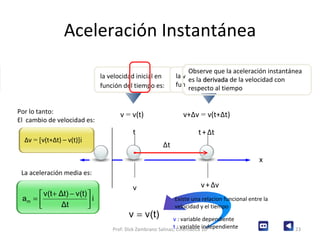 Aceleración Instantánea x v  =  v(t) v+ Δ v  =  v(t+ Δ t) Por lo tanto: El  cambio de velocidad es: La aceleración media es: Existe una relacion funcional entre la velocidad y el tiempo v  : variable dependiente t  : variable independiente Prof: Dick Zambrano Salinas, Cinemática 1D t v t   +   Δ t   v   +   Δ v la velocidad inicial en función del tiempo es:   la velocidad final en función del tiempo es: Δ v  = [ v(t+ Δ t) – v(t)] i Si hacemos que   t sea sumamente pequeño a la aceleración obtenida la llamamos aceleración instantánea  Δ t Observe que la aceleración instantánea es la  derivada  de la velocidad con respecto al tiempo  