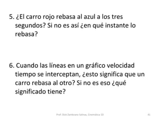 5. ¿El carro rojo rebasa al azul a los tres segundos? Si no es así ¿en qué instante lo rebasa? 6. Cuando las líneas en un gráfico velocidad tiempo se interceptan, ¿esto significa que un carro rebasa al otro? Si no es eso ¿qué significado tiene? Prof: Dick Zambrano Salinas, Cinemática 1D 
