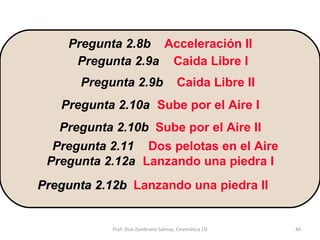 Pregunta 2.10a   Sube por el Aire I Pregunta 2.8b Acceleración II Pregunta 2.9a Caida Libre I Pregunta 2.9b Caida Libre II Pregunta 2.10b   Sube por el Aire II Pregunta 2.11   Dos pelotas en el Aire Pregunta 2.12a   Lanzando una piedra I Pregunta 2.12b Lanzando una piedra II Prof: Dick Zambrano Salinas, Cinemática 1D 