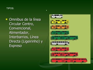 TIPOS:
                             .
   Omnibus de la línea
    Circular Centro,
    Convencional,
    Alimentador,
    Interbarrios, Línea
    Directa (Ligeirinho) y
    Expreso
 